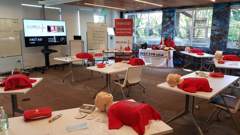 CPR instructor training a First Aid class in Seattle